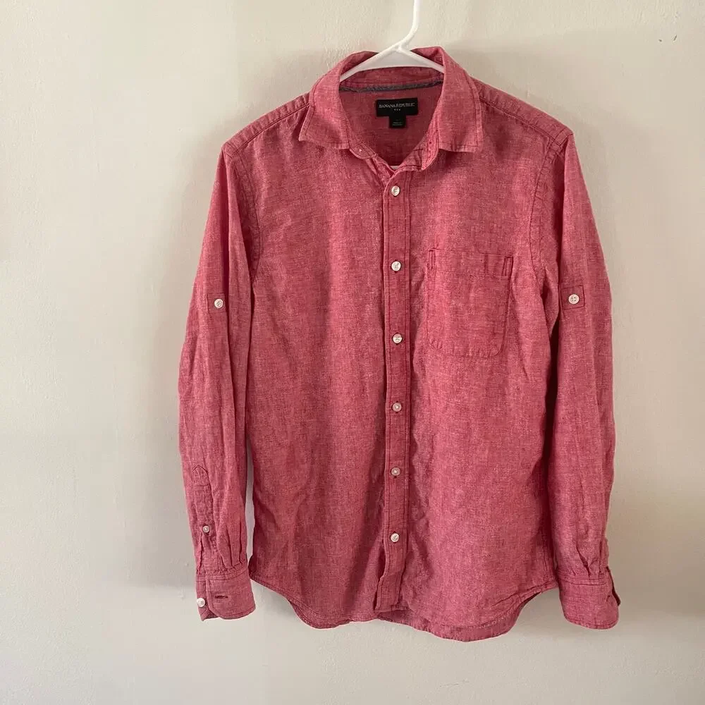 Banana Republic Mens S Linen Blend Totem Red Long Sleeve Button Up Shirt Casual